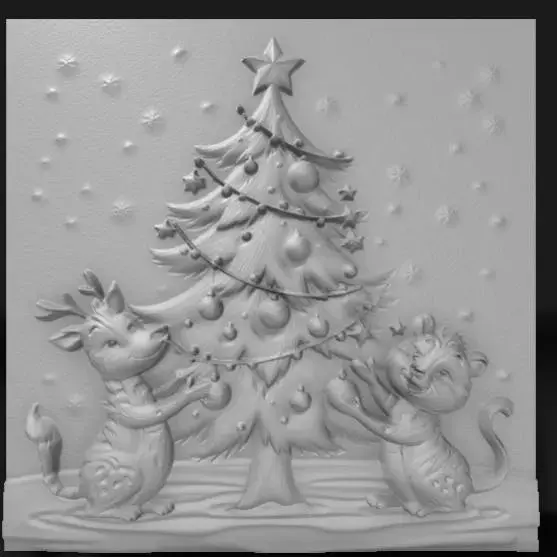 Christmas animals decorating a pine tree, colorful ornaments